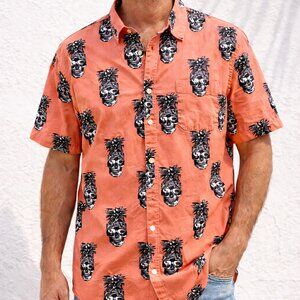 Massive Pineapple Skull Coral Button Down Shirt XL